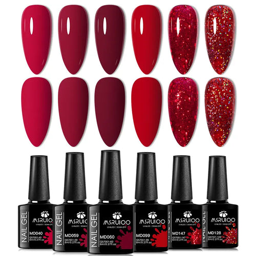 6pc All-season Gel Nail Polish Set Nude Pink Red Glitter Semi