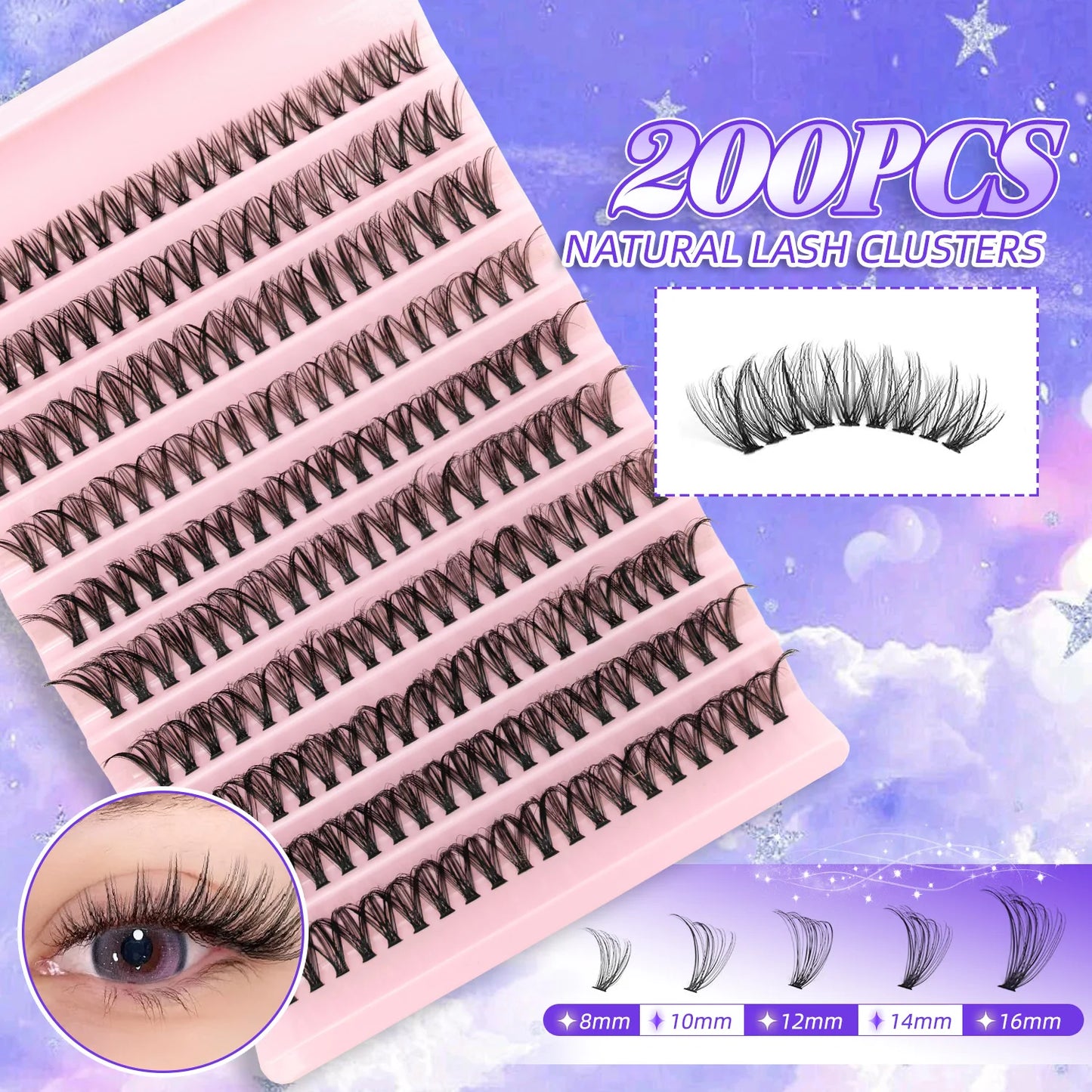 200PCS D Curl Eyelash Cluster Set with 30D40D80D and 80D Spiky Style
