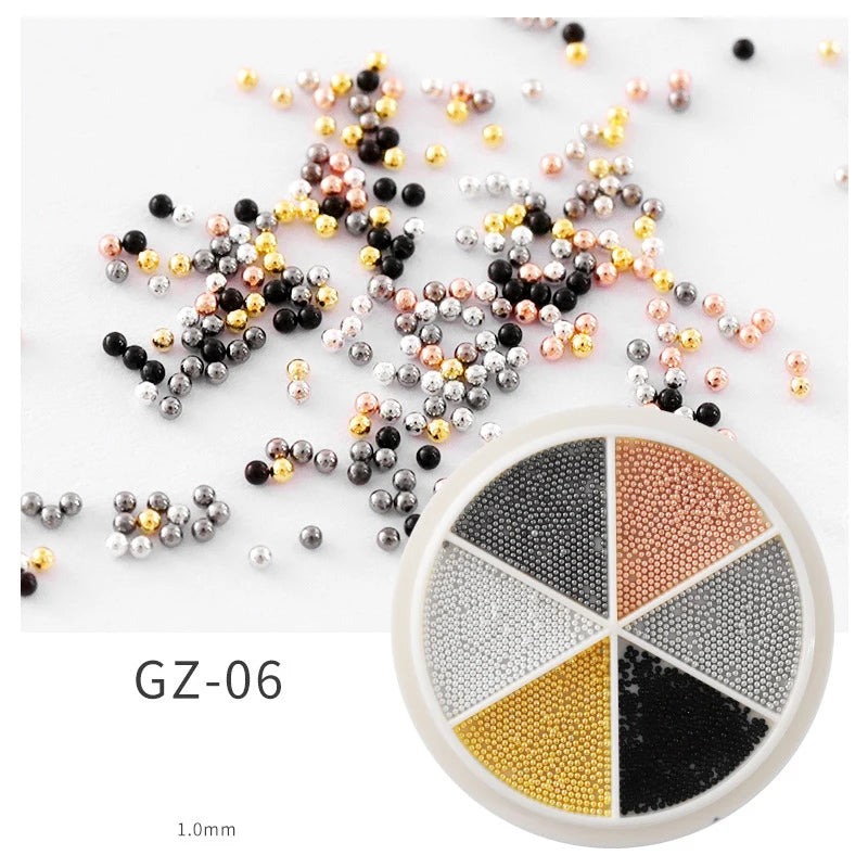 6 Grids Nail Art Tiny Steel Caviar Beads 0.8-1.5mm Mixed Size 3D