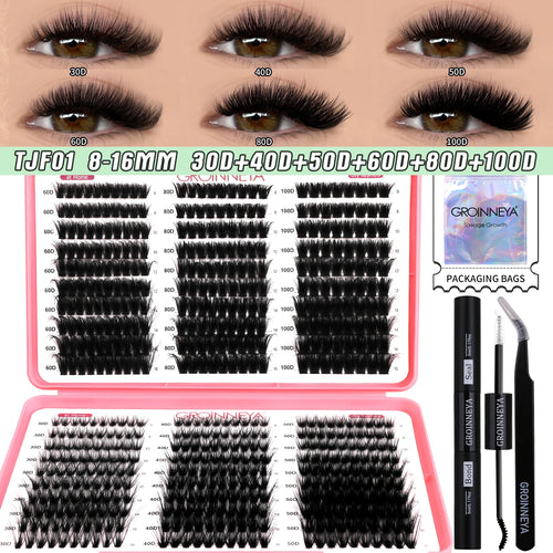 GROINNEYA DIY Lash Clusters Kit Mixed Tray Eyelash Extension Full Set