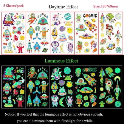 5 Sheets Luminous Tattoo Stickers Temporary Colorful Animal Dinosaur