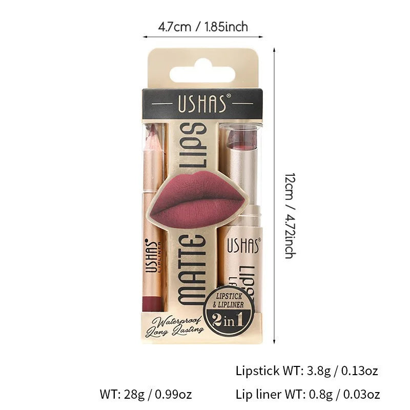USHAS 12 Color Lip Liner + LIPSTICK Set Easy Coloring Matte Lipstick