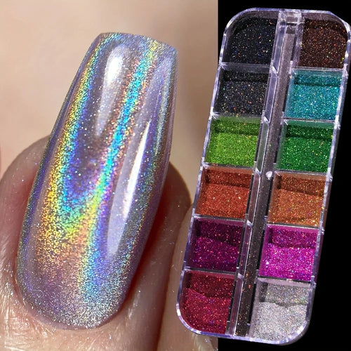 Holographic Powder Set Holo Silver Rub Dust Black Pink Chrome Nail