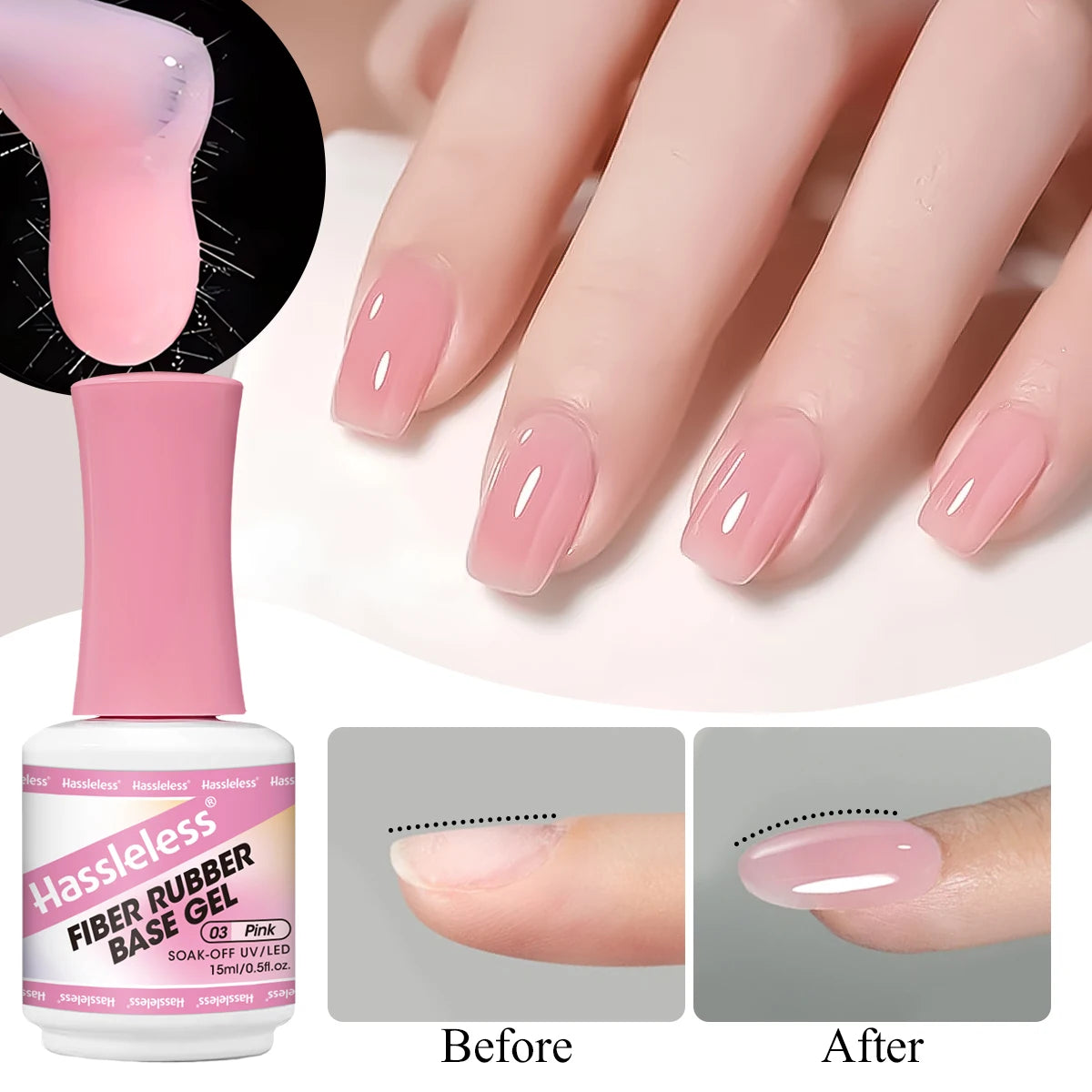 Hassleless 15ml single tube fiber base gel nail polish, clear,