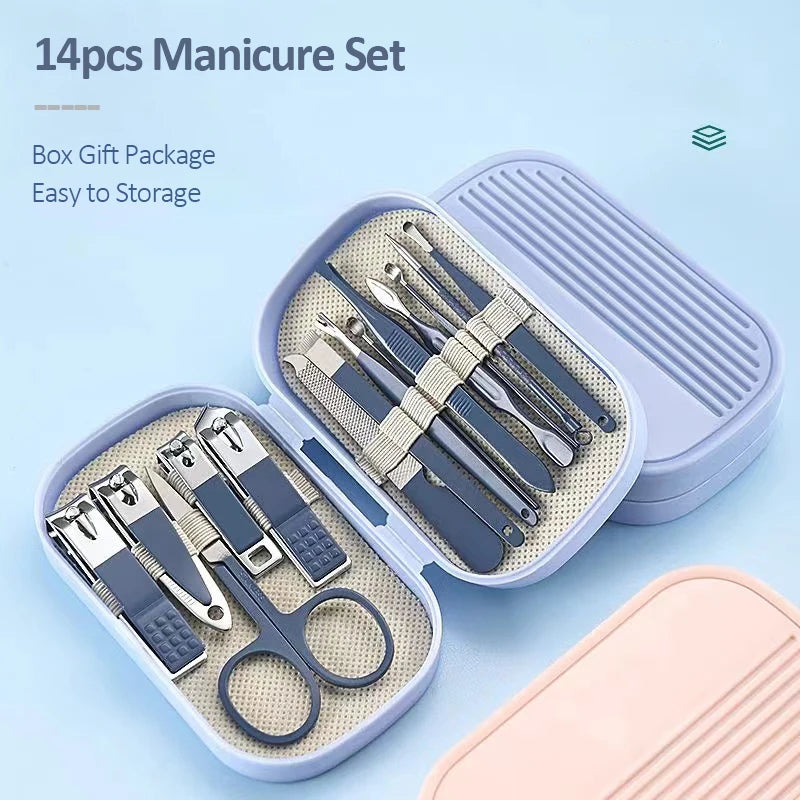 14 Piece Deluxe Manicure & Pedicure Set Pink And Blue Stainless Steel