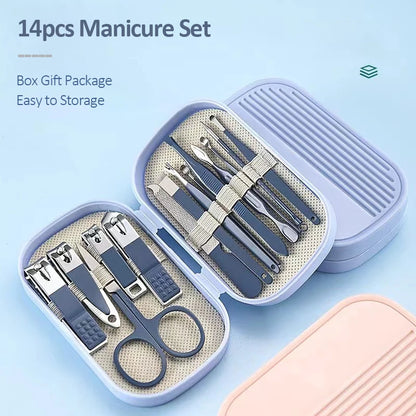 14 Piece Deluxe Manicure & Pedicure Set Pink And Blue Stainless Steel