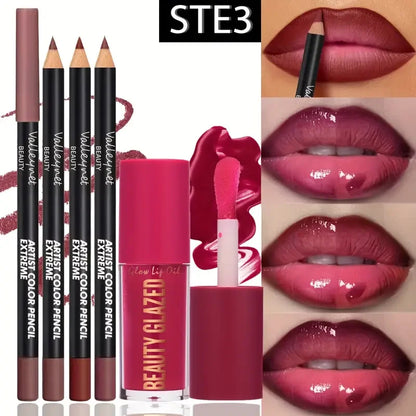 4pcs Dark Brown Lip Kit - Lip Liner + Lip Glaze, Waterproof &