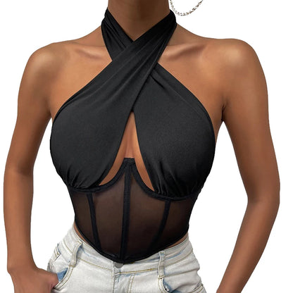 Sexy Cross Halter Corset Bustier Mesh Bone Tank Tops Women Tie Up Wrap Tube Tops Backless Slim Fit Cut Out Front Tops