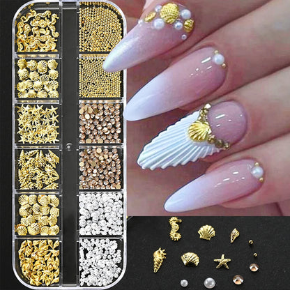 12Grids Ocean Gold Nail Art Charms Shell/Seahorse/Starfish White Half