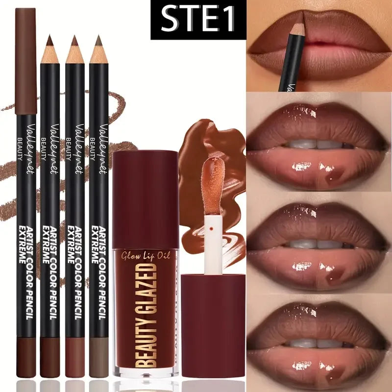 4pcs Dark Brown Lip Kit - Lip Liner + Lip Glaze, Waterproof &