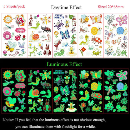 5 Sheets Luminous Tattoo Stickers Temporary Colorful Animal Dinosaur