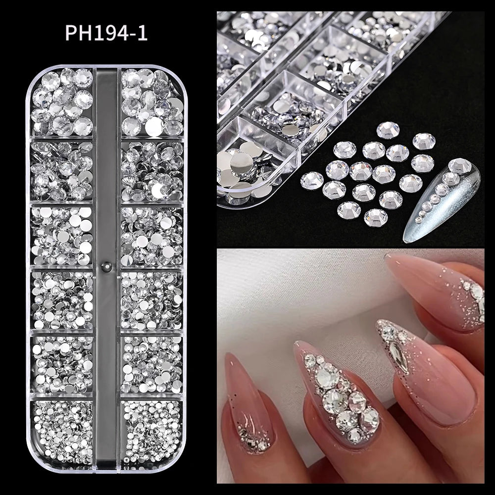 12Grids SS6-SS30 Mixed Nail Rhinestones Shiny Clear/Gold/Pink/Blue