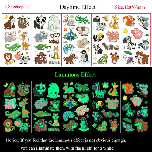 5 Sheets Luminous Tattoo Stickers Temporary Colorful Animal Dinosaur