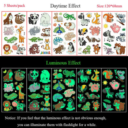 5 Sheets Luminous Tattoo Stickers Temporary Colorful Animal Dinosaur