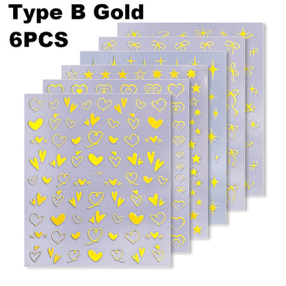 6/30Pcs Nail Stickers 3D Laser Gold Retro French Line Flower Art