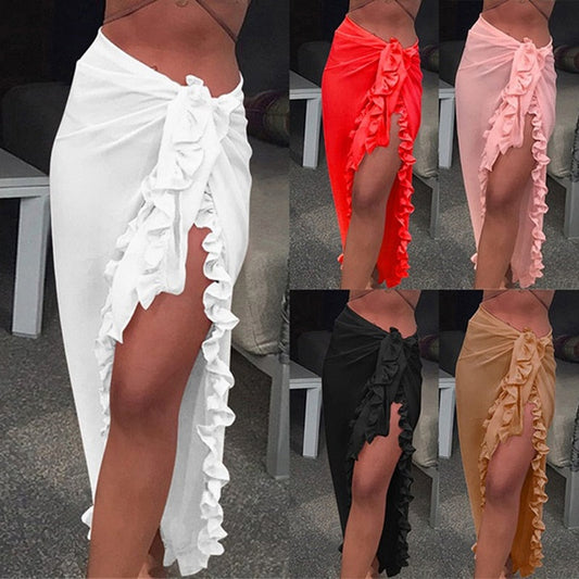 hoombox Women Chiffon See-Through Beach Bikini Cover Up Wrap Scarf Swimwear Pareo Sarong Dress Solid Ruffle Casual Beach Dress