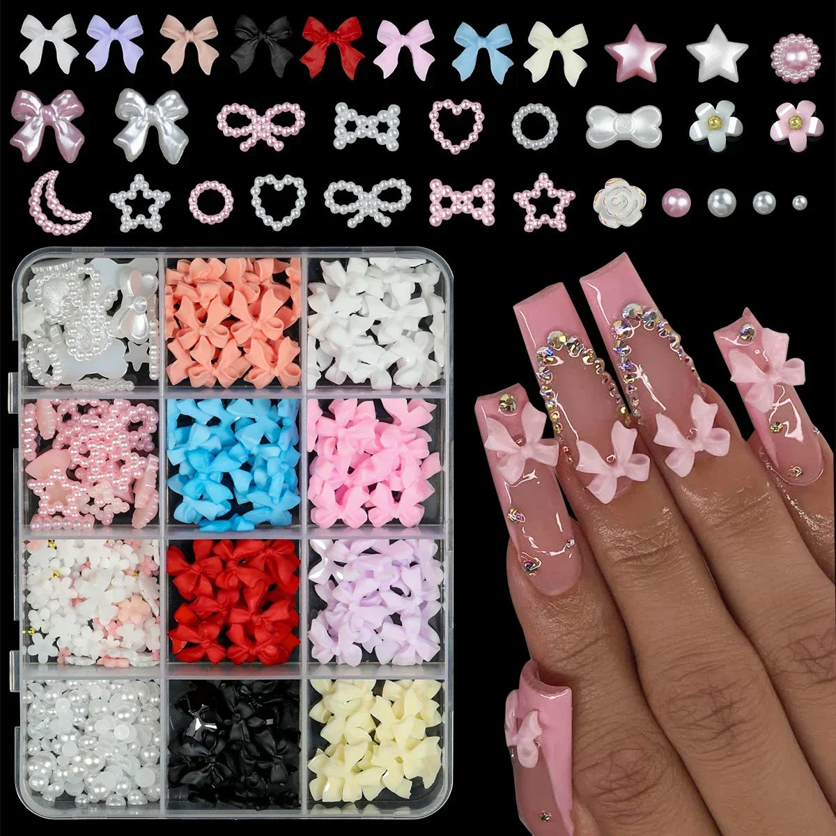 12Grids/box Mixed Resin Bowknot Nail Art Decorations 3D Acrylic Charms
