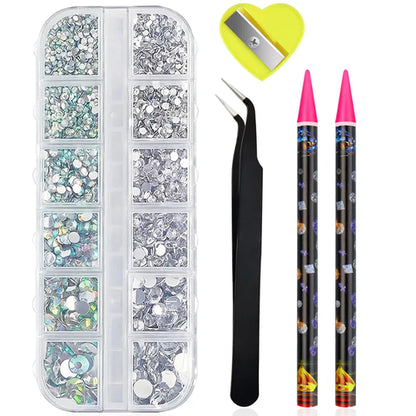 Boxed 3D Flat Back Nail Rhinestones Nail Gems Glass AB & Clear Crystal