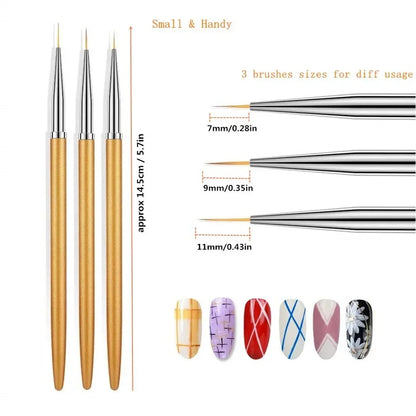 3Pcs Acrylic French Stripe Nail Art Liner Brush 3D Tips Line Stripes