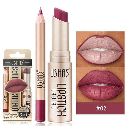 USHAS 12 Color Lip Liner + LIPSTICK Set Easy Coloring Matte Lipstick