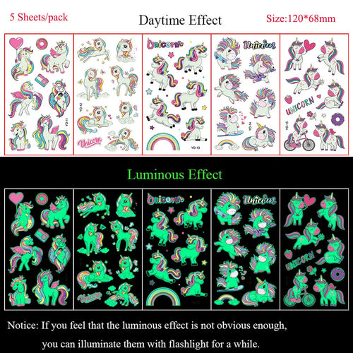 5 Sheets Luminous Tattoo Stickers Temporary Colorful Animal Dinosaur