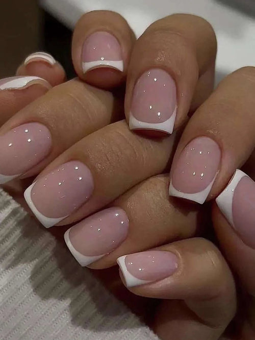 24pcs Long Almond Fake Nails White French Press on Nails Simple Full