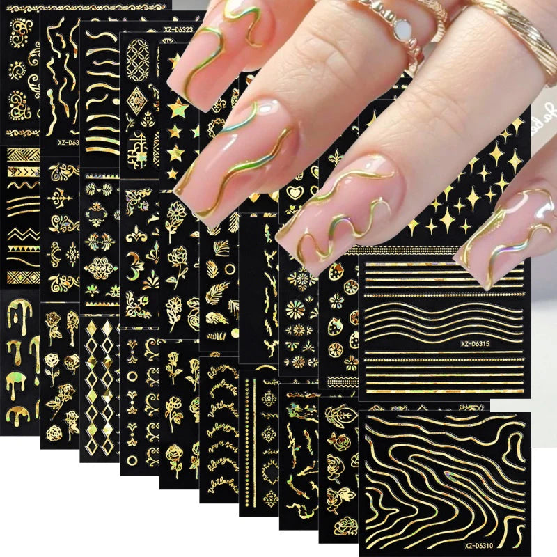 6/30Pcs Nail Stickers 3D Laser Gold Retro French Line Flower Art