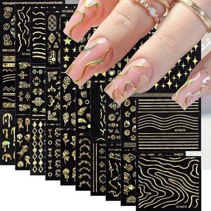 6/30Pcs Nail Stickers 3D Laser Gold Retro French Line Flower Art