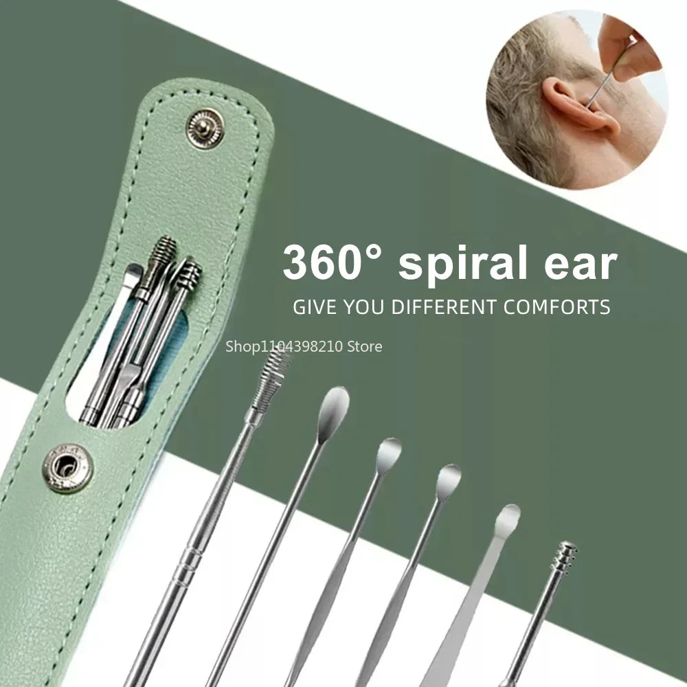 6pcs Stainless Steel Ear Wax Removal Tool Set Spiral Rotating
