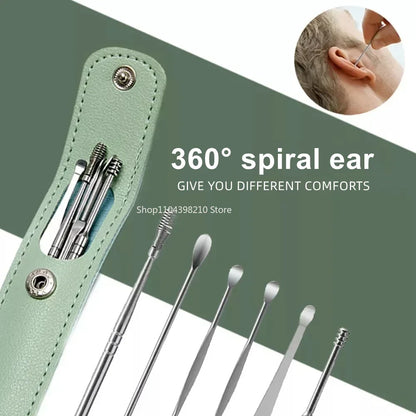 6pcs Stainless Steel Ear Wax Removal Tool Set Spiral Rotating