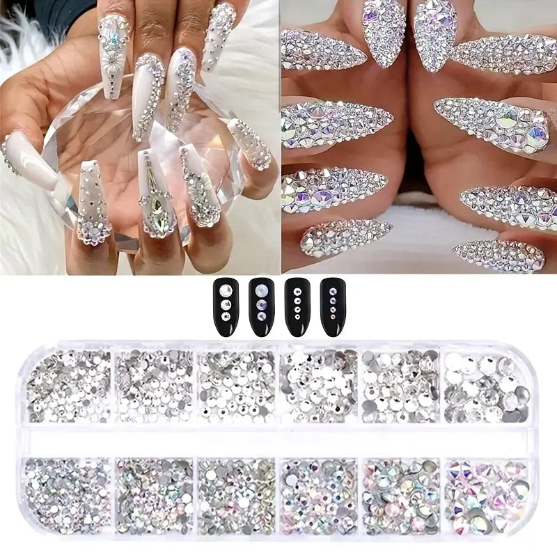 Boxed 3D Flat Back Nail Rhinestones Nail Gems Glass AB & Clear Crystal