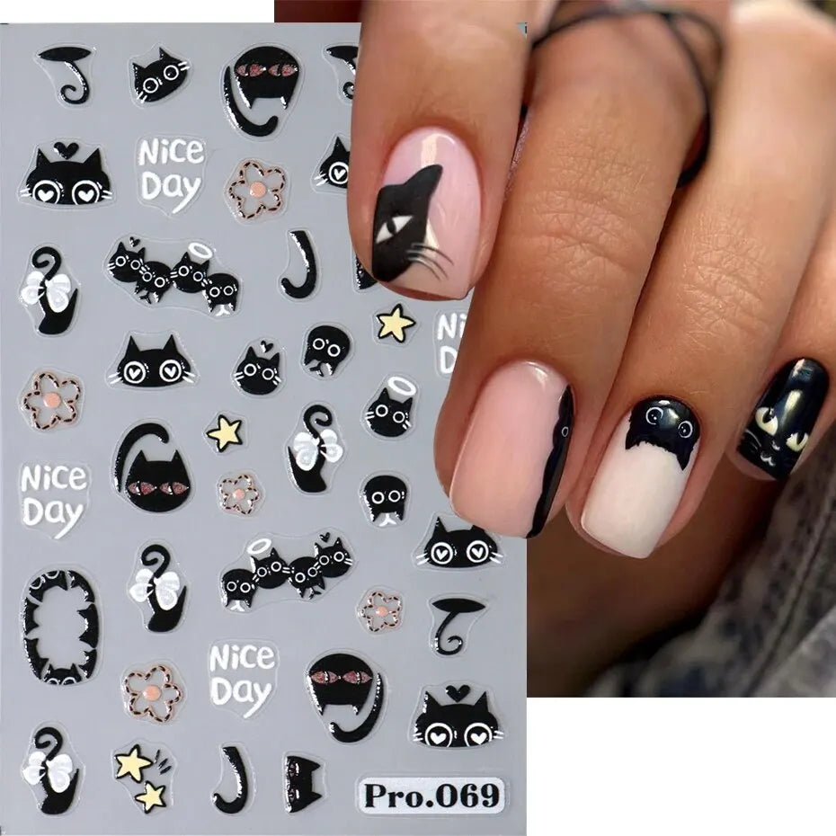 2pcs Black Cat Nail Stickers 3D Cute Cartoon Animal 3D Self-Adhesive