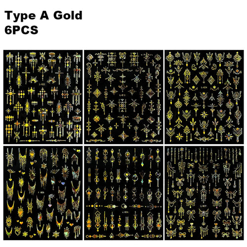 6/30Pcs Nail Stickers 3D Laser Gold Retro French Line Flower Art