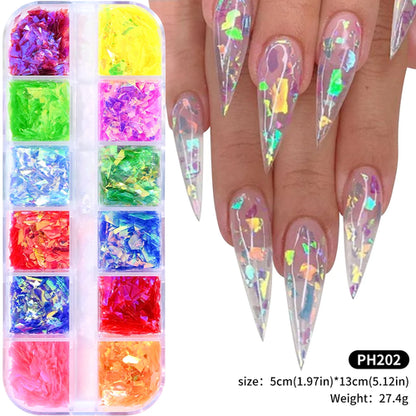 12Grids Ocean Gold Nail Art Charms Shell/Seahorse/Starfish White Half