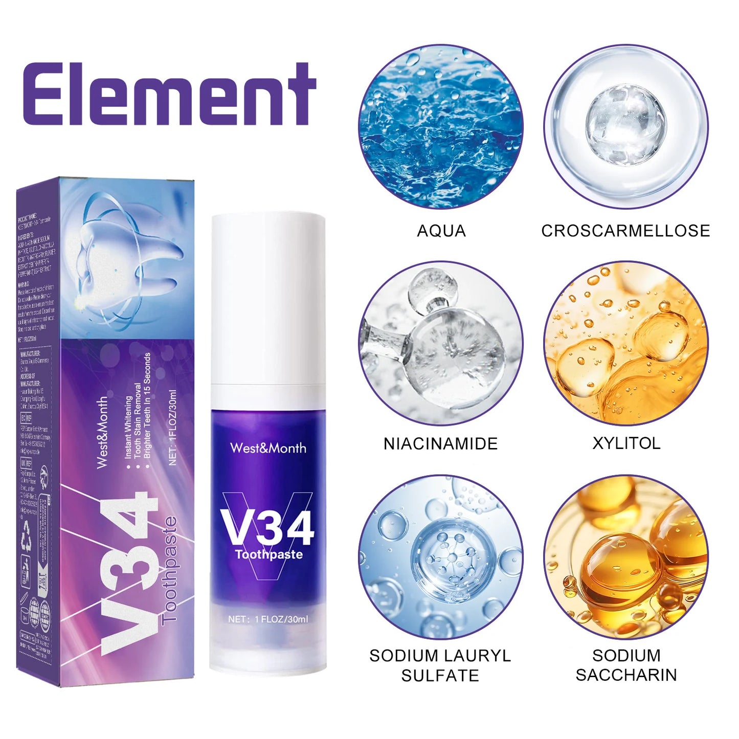 V34 Teeth Whitening Toothpaste 30ml Intensive Stain Remover for Yellow