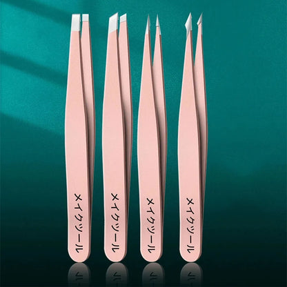 4 Sets of Pink Tweezers for Daily Cleaning of Eyebrows, Eyelashes and