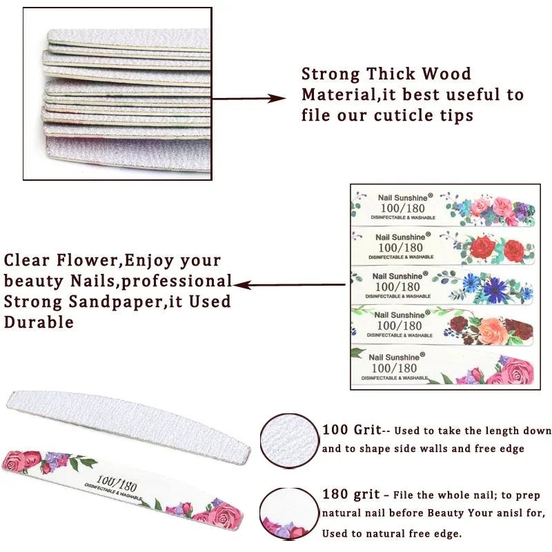 10Pcs Lot Professional Nail Files 100/180 Griting Wood Strong