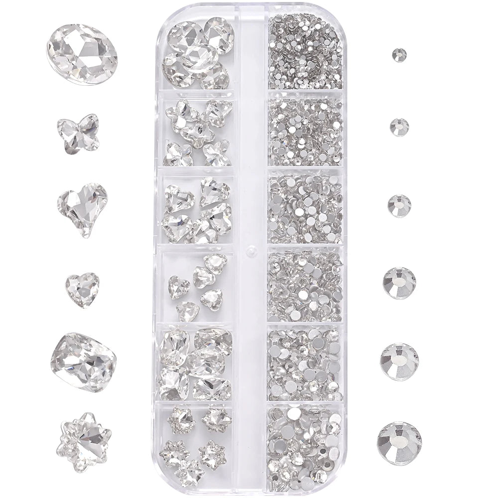 1Box 3D Clear Nail Art Rhinestones 12Shapes Mixed