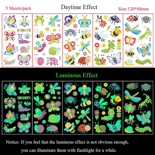 5 Sheets Luminous Tattoo Stickers Temporary Colorful Animal Dinosaur