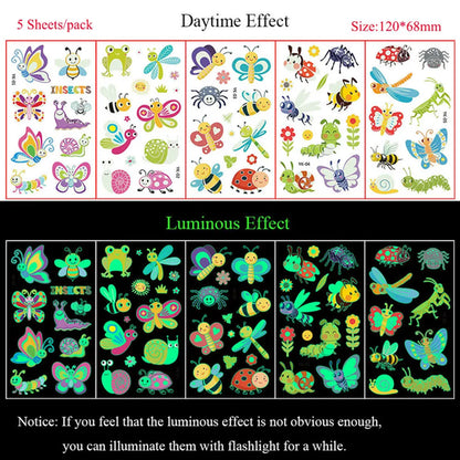 5 Sheets Luminous Tattoo Stickers Temporary Colorful Animal Dinosaur