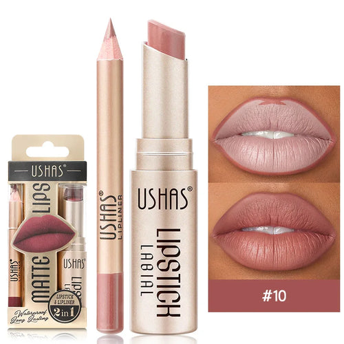 USHAS 12 Color Lip Liner + LIPSTICK Set Easy Coloring Matte Lipstick