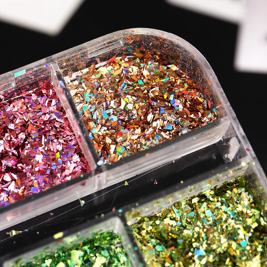 12 Grids Holographic Glitter Nail Art Sequins Sparkly Irregular Nail