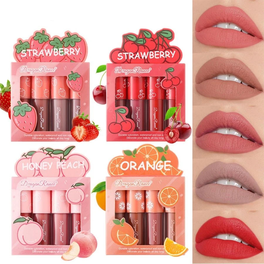 Velvet Matte Lip Glaze Set, Non-Fading, Non-Stick Cup, Fruit Makeup