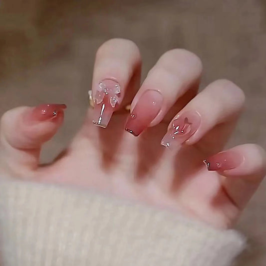 24pcs Chromic Heart Peach Bowknot 3D False Nails Gradient Pink Color