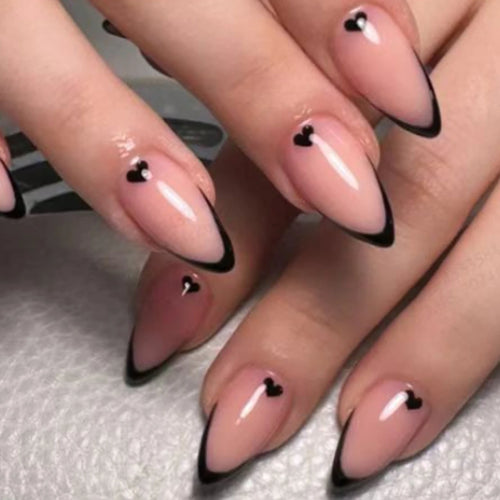 24 PCs Long Almond Shaped French Heart Nails with 1 Jelly Gel and 1