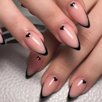 24 PCs Long Almond Shaped French Heart Nails with 1 Jelly Gel and 1