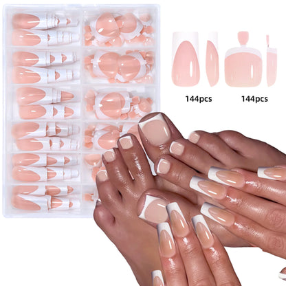 144pcs French hand and foot wear nail set summer short square shiny