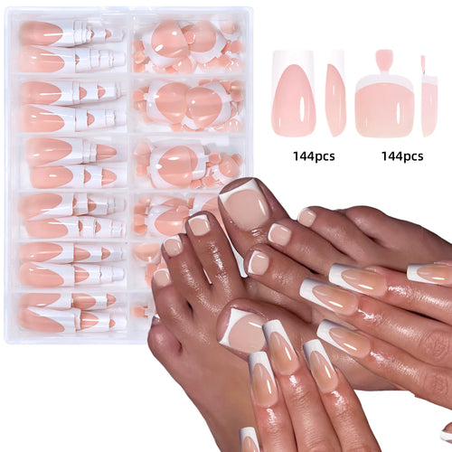 144pcs French hand and foot wear nail set summer short square shiny