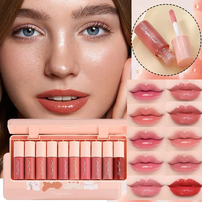 Set of 10 Fine Shimmer Lip Glosses, Easy-To-Apply Lip Glaze,