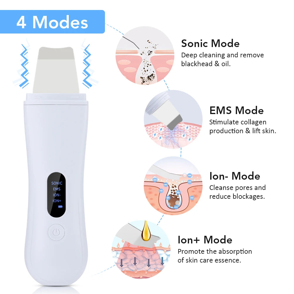 Ultrasonic Skin Scrubber Skin Spatula Ion Deep Face Cleaning 4 Modes